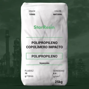 Nombre del producto: PP - COPP - MFI10 - STAR RESIN - PPC 10900 Categoría: Polipropileno Marca: StarResin Color: Natural Peso: 25 kg Atributos del producto: - **Material**: Polipropileno Copolímero Impacto - **Fluidez**: 10 g/10 min - **Densidad**: 0.9 g/cm³ Usos y aplicaciones: - Inyección - Interiores automotrices - Productos de consumo - Durables y artículos para el hogar Cumplimiento FDA: Este resina cumple con la regulación FDA 21 CFR 177.1520 (c)3.1a. Información adicional visible en el empaque: - "POLIPROPILENO" - "Inyección"