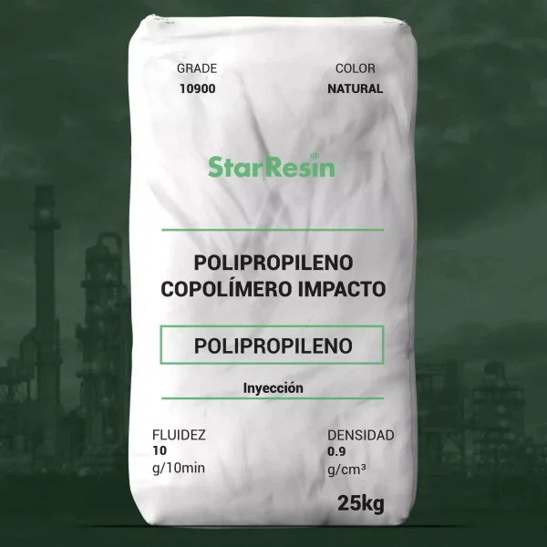 Nombre del producto: PP - COPP - MFI10 - STAR RESIN - PPC 10900 Categoría: Polipropileno Marca: StarResin Color: Natural Peso: 25 kg Atributos del producto: - **Material**: Polipropileno Copolímero Impacto - **Fluidez**: 10 g/10 min - **Densidad**: 0.9 g/cm³ Usos y aplicaciones: - Inyección - Interiores automotrices - Productos de consumo - Durables y artículos para el hogar Cumplimiento FDA: Este resina cumple con la regulación FDA 21 CFR 177.1520 (c)3.1a. Información adicional visible en el empaque: - "POLIPROPILENO" - "Inyección"