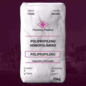 Nombre del producto: Formolene® 1102KR Categoría: Polipropileno Marca: Formosa Plastics Color: Natural Tamaño del paquete: 25 kg Atributos del producto: - Tipo de material: Polipropileno homopolímero - Fluidez: 4 g/10 min - Densidad: 0.9 g/cm³ Detalles funcionales: - Aplicación: Inyección y Extrusión - Cumple con la normativa de la FDA para contacto con alimentos Notas visibles en la imagen: - Textos: "POLIPROPILENO HOMOPOLÍMERO", "FLUIDEZ", "DENSIDAD", "Inyección y Extrusión" - Grado: 1102KR Información adicional: - Este material es libre de contenido de origen animal. - Se sugiere consultar el sitio web para más información sobre condiciones aprobadas para contacto con alimentos.