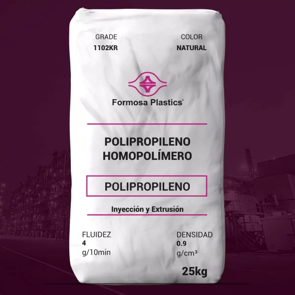 Nombre del producto: Formolene® 1102KR Categoría: Polipropileno Marca: Formosa Plastics Color: Natural Tamaño del paquete: 25 kg Atributos del producto: - Tipo de material: Polipropileno homopolímero - Fluidez: 4 g/10 min - Densidad: 0.9 g/cm³ Detalles funcionales: - Aplicación: Inyección y Extrusión - Cumple con la normativa de la FDA para contacto con alimentos Notas visibles en la imagen: - Textos: "POLIPROPILENO HOMOPOLÍMERO", "FLUIDEZ", "DENSIDAD", "Inyección y Extrusión" - Grado: 1102KR Información adicional: - Este material es libre de contenido de origen animal. - Se sugiere consultar el sitio web para más información sobre condiciones aprobadas para contacto con alimentos.