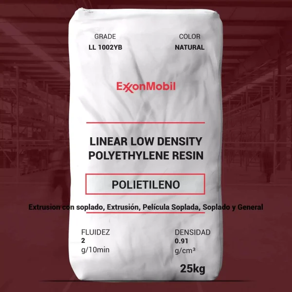 Nombre del producto: PE - LLDPE - MFI2 - EXXONMOBIL - LL 1002YB Categoría: Polietileno Marca: ExxonMobil Descripción del producto: - Tipo: Resina de polietileno de baja densidad lineal (LLDPE) - Grado: LL 1002YB - Color: Natural - Tamaño: 25 kg Propiedades físicas: - Densidad: 0.91 g/cm³ - Fluidez: 2 g/10 min Usos: - Extrusión - Película soplada - Soplado general Características destacadas: - Material adecuado para películas de empaque y aplicaciones en general. - Ofrece alta gloss y excelente drawdown en aplicaciones de película. - Se puede usar como socio de mezcla con resinas LDPE para mejorar propiedades de películas. Declaración legal: - No destinado para aplicaciones médicas. Información adicional: - Contactar al representante de servicio al cliente de ExxonMobil para asistencia técnica y de pedidos.