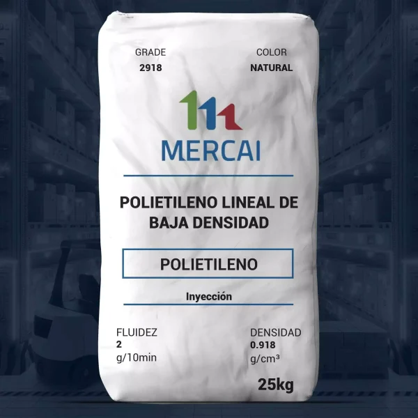 Nombre del producto: PE-Exchange 2918B-MERCAI Categoría: Polietileno Marca: MERCAI Características: - Material: Polietileno lineal de baja densidad (LLDPE) - Color: Natural - Fluidez: 2 g/10 min - Densidad: 0.918 g/cm³ - Presentación: Bolsa de 25 kg Especificaciones Técnicas: - Uso: Aceptable para contacto con alimentos (FDA) - Aplicaciones: Ideal para envasado, producción de películas y otros artículos plásticos Elementos Técnicos Destacados: - Producto de inyección - Información del fabricante y contacto: - The Plastics Exchange - Dirección: 16510 N 92nd St #1010, Scottsdale, AZ 85260 - Sitio web: www.theplasticsexchange.com Esta descripción ofrece una visión clara y objetiva de las características y especificaciones del producto, útiles para la venta.