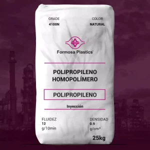 Nombre del producto: PP - HOPP - MFI12 - FORMOSA - 4100N Categoría: Polipropileno Atributos del producto: - Material: Polipropileno homopolímero - Color: Natural - Tamaño: 25 kg (peso del paquete) - Densidad: 0.9 g/cm³ - Fluidez: 12 g/10 min Componentes y detalles técnicos: - Marca: Formosa Plastics - Tipo de proceso: Inyección Uso y funcionalidad: Aplicable para procesos de inyección en la fabricación de diversos productos plásticos. Diferenciadores o elementos técnicos: - Diseño de paquete optimizado para almacenamiento y transporte. - Clasificación de grado: 4100N.