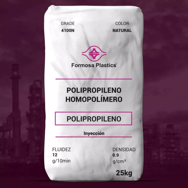 Nombre del producto: PP - HOPP - MFI12 - FORMOSA - 4100N Categoría: Polipropileno Atributos del producto: - Material: Polipropileno homopolímero - Color: Natural - Tamaño: 25 kg (peso del paquete) - Densidad: 0.9 g/cm³ - Fluidez: 12 g/10 min Componentes y detalles técnicos: - Marca: Formosa Plastics - Tipo de proceso: Inyección Uso y funcionalidad: Aplicable para procesos de inyección en la fabricación de diversos productos plásticos. Diferenciadores o elementos técnicos: - Diseño de paquete optimizado para almacenamiento y transporte. - Clasificación de grado: 4100N.