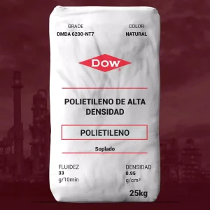 Nombre del producto: PP-DMDA 6200 NT7-DOW Categoría: Polietileno Marca: Dow Características del producto: - Material: Polietileno de alta densidad (HDPE) - Color: Natural - Tamaño: 25 kg - Fluidez: 33 g/10 min - Densidad: 0,95 g/cm³ Usos y funcionalidad: - Fabricación de recipientes por moldeo por soplado. - Envasado de sustancias químicas industriales para el hogar, artículos de tocador y productos alimenticios. Diferenciadores técnicos: - Alta resistencia al impacto. - Excelente resistencia al resquebrajamiento bajo tensión. - Cumple con diversas normativas (U.S. FDA, ULI, EU, etc.). Aspectos adicionales: - No contiene aditivos de antibloqueo, deslizantes ni ayudantes de proceso.