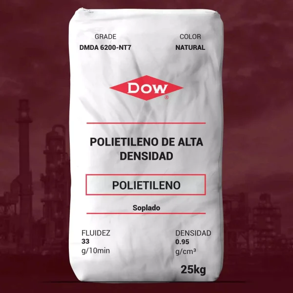 Nombre del producto: PP-DMDA 6200 NT7-DOW Categoría: Polietileno Marca: Dow Características del producto: - Material: Polietileno de alta densidad (HDPE) - Color: Natural - Tamaño: 25 kg - Fluidez: 33 g/10 min - Densidad: 0,95 g/cm³ Usos y funcionalidad: - Fabricación de recipientes por moldeo por soplado. - Envasado de sustancias químicas industriales para el hogar, artículos de tocador y productos alimenticios. Diferenciadores técnicos: - Alta resistencia al impacto. - Excelente resistencia al resquebrajamiento bajo tensión. - Cumple con diversas normativas (U.S. FDA, ULI, EU, etc.). Aspectos adicionales: - No contiene aditivos de antibloqueo, deslizantes ni ayudantes de proceso.