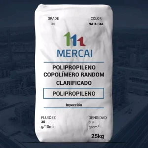 Nombre del producto: PP - RANDOM - MFI35 - MERCAI - RCF35 CL Categoría: Polipropileno Material: Polipropileno copolímero clarificado Color: Natural Fluidez: 35 g/10 min Densidad: 0.9 g/cm³ Capacidad: 25 kg Uso: Inyección Características adicionales: - Producto destinado para procesos de inyección. - Clarificado para mejorar la transparencia del material. Marca: MERCAI