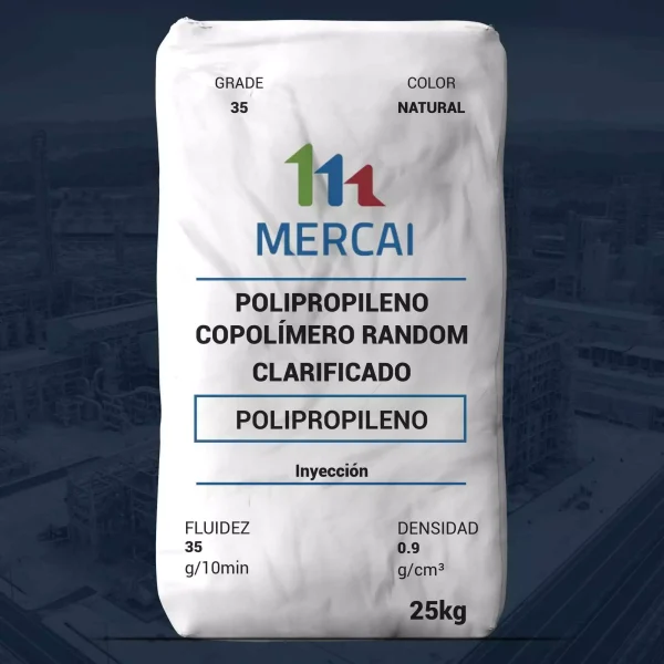 Nombre del producto: PP - RANDOM - MFI35 - MERCAI - RCF35 CL Categoría: Polipropileno Material: Polipropileno copolímero clarificado Color: Natural Fluidez: 35 g/10 min Densidad: 0.9 g/cm³ Capacidad: 25 kg Uso: Inyección Características adicionales: - Producto destinado para procesos de inyección. - Clarificado para mejorar la transparencia del material. Marca: MERCAI