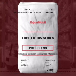 Nombre del producto: PE - LDPE - MFI2 - EXXONMOBIL - LD 105 SERIES Marca: ExxonMobil Categoría: Polietileno Color: Natural Características técnicas: - Grados disponibles: LD 105.30, LD 105.DS, LD 105.BR - Fluidez: 2 g/10 min - Densidad: 0.92 g/cm³ - Capacidad de la bolsa: 25 kg Aplicaciones: - Extrusión - Procesos de soplado e inyección Propiedades adicionales: - No se especifican detalles visuales del tamaño ni forma basados en la imagen. - El producto es ideal para aplicaciones que requieren claridad y rigidez. Notas legales: - No destinado para aplicaciones médicas. - Contactar a ExxonMobil para cumplimiento con aplicaciones de contacto alimentario. Esta es una descripción estructurada del producto basada en la imagen y la información adicional proporcionada.