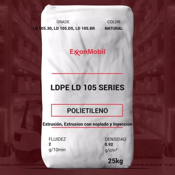 Nombre del producto: PE - LDPE - MFI2 - EXXONMOBIL - LD 105 SERIES Marca: ExxonMobil Categoría: Polietileno Color: Natural Características técnicas: - Grados disponibles: LD 105.30, LD 105.DS, LD 105.BR - Fluidez: 2 g/10 min - Densidad: 0.92 g/cm³ - Capacidad de la bolsa: 25 kg Aplicaciones: - Extrusión - Procesos de soplado e inyección Propiedades adicionales: - No se especifican detalles visuales del tamaño ni forma basados en la imagen. - El producto es ideal para aplicaciones que requieren claridad y rigidez. Notas legales: - No destinado para aplicaciones médicas. - Contactar a ExxonMobil para cumplimiento con aplicaciones de contacto alimentario. Esta es una descripción estructurada del producto basada en la imagen y la información adicional proporcionada.