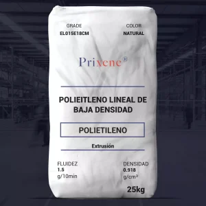 Nombre del producto: PE - LLDPE - MFI1.5 - PRIXENE - EL015E18CM Categoría: Polietileno **Información técnica:** - **Grado:** EL015E18CM - **Color:** Natural - **Fluidez:** 1.5 g/10 min - **Densidad:** 0.918 g/cm³ - **Peso:** 25 kg - **Proceso de fabricación:** Extrusión **Propiedades mecánicas:** - **Resistencia a la tracción:** 8,100 / 6,100 Psi (D882) - **Alargamiento de tensión:** 580 / 700 % (D882) - **Resistencia al desgarro MD:** 330 g (D1922) - **Resistencia al desgarro TD:** 650 g (D1922) - **Temperatura Vicat:** 221 °F (D1525) - **Módulo de Flexión:** 29,000 - 32,500 Psi (D790) **Aditivos:** - Antiblock - Slip **Aplicaciones:** - Bolsas para carga pesada - Película para uso agrícola - Stretch hood - Bolsas de hielo **Marca:** Prixene **Observaciones:** - Polímero y Materias Primas Internacionales, S.A. de C.V. y Polyresinas, S.A. de C.V. no se hacen responsables del uso del producto. - Para dudas, contactar a: serviciotecnico@polymat.com.mx