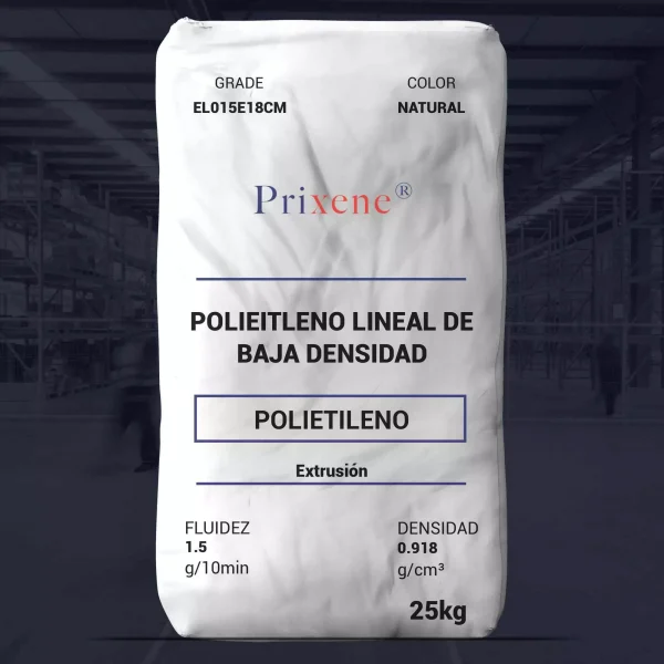 Nombre del producto: PE - LLDPE - MFI1.5 - PRIXENE - EL015E18CM Categoría: Polietileno **Información técnica:** - **Grado:** EL015E18CM - **Color:** Natural - **Fluidez:** 1.5 g/10 min - **Densidad:** 0.918 g/cm³ - **Peso:** 25 kg - **Proceso de fabricación:** Extrusión **Propiedades mecánicas:** - **Resistencia a la tracción:** 8,100 / 6,100 Psi (D882) - **Alargamiento de tensión:** 580 / 700 % (D882) - **Resistencia al desgarro MD:** 330 g (D1922) - **Resistencia al desgarro TD:** 650 g (D1922) - **Temperatura Vicat:** 221 °F (D1525) - **Módulo de Flexión:** 29,000 - 32,500 Psi (D790) **Aditivos:** - Antiblock - Slip **Aplicaciones:** - Bolsas para carga pesada - Película para uso agrícola - Stretch hood - Bolsas de hielo **Marca:** Prixene **Observaciones:** - Polímero y Materias Primas Internacionales, S.A. de C.V. y Polyresinas, S.A. de C.V. no se hacen responsables del uso del producto. - Para dudas, contactar a: serviciotecnico@polymat.com.mx