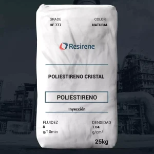 Nombre del producto: RESIRENE HF 777 Categoría: Poliestireno **Características del producto:** - Material: Poliestireno Cristal (GPPS) - Color: Natural - Fluidez: 8 g/10 min - Densidad: 1.04 g/cm³ - Tamaño del paquete: 25 kg **Aplicaciones:** - Flujo Medio - Fácil de Procesar - Alta Productividad - Ideal para Moldes con Diseño Intrincado - Cumplimiento FDA: 21 CFR 177.1640 **Usos comunes:** - Moldeo por Inyección - Charolas, Vasos y Platos desechables - Reglas - Juguetes **Propiedades físicas:** - Índice de Flujo: 8 g/10 min (ASTM D1238) - Densidad: 1.04 g/cm³ (ASTM D792) **Propiedades mecánicas:** - Elongación a la Ruptura: 4% - Tensión a la Ruptura: 6,000 psi / 41 MPa - Módulo en Tensión: 512 Kpsi / 3,530 MPa (ASTM D638) **Propiedades térmicas:** - Temperatura Vicat: 192 °F / 89 °C - HDT @ 264 psi (sin templar): 172 °F / 78 °C (ASTM D648) **Características de ignición:** - Flamabilidad: HB (UL 94) **Condiciones de inyección:** - Zona Inicial: 200-210 °C (390-410 °F) - Zona Central: 210-220 °C (410-430 °F) - Zona Frontal: 220-230 °C (430-445 °F) - Boquilla: 230-240 °C (445-465 °F) **Advertencias:** - La combustión de este material puede causar humos y vapores peligrosos. **Marca:** - Resirene S.A. de C.V.