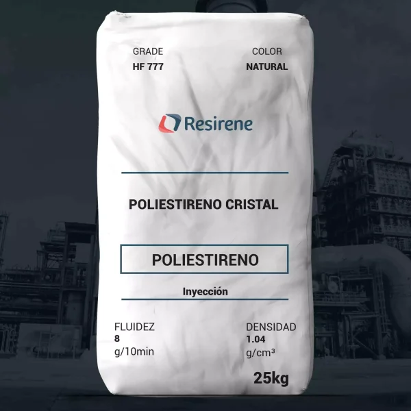 Nombre del producto: RESIRENE HF 777 Categoría: Poliestireno **Características del producto:** - Material: Poliestireno Cristal (GPPS) - Color: Natural - Fluidez: 8 g/10 min - Densidad: 1.04 g/cm³ - Tamaño del paquete: 25 kg **Aplicaciones:** - Flujo Medio - Fácil de Procesar - Alta Productividad - Ideal para Moldes con Diseño Intrincado - Cumplimiento FDA: 21 CFR 177.1640 **Usos comunes:** - Moldeo por Inyección - Charolas, Vasos y Platos desechables - Reglas - Juguetes **Propiedades físicas:** - Índice de Flujo: 8 g/10 min (ASTM D1238) - Densidad: 1.04 g/cm³ (ASTM D792) **Propiedades mecánicas:** - Elongación a la Ruptura: 4% - Tensión a la Ruptura: 6,000 psi / 41 MPa - Módulo en Tensión: 512 Kpsi / 3,530 MPa (ASTM D638) **Propiedades térmicas:** - Temperatura Vicat: 192 °F / 89 °C - HDT @ 264 psi (sin templar): 172 °F / 78 °C (ASTM D648) **Características de ignición:** - Flamabilidad: HB (UL 94) **Condiciones de inyección:** - Zona Inicial: 200-210 °C (390-410 °F) - Zona Central: 210-220 °C (410-430 °F) - Zona Frontal: 220-230 °C (430-445 °F) - Boquilla: 230-240 °C (445-465 °F) **Advertencias:** - La combustión de este material puede causar humos y vapores peligrosos. **Marca:** - Resirene S.A. de C.V.