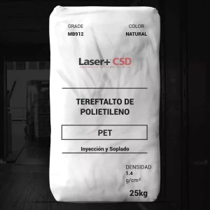 Nombre del producto: Laser+® CSD (MB912) Categoría: Tereftalato de Polietileno (PET) Material: Resina de polietileno tereftalato Color: Natural Densidad: 1.4 g/cm³ Peso: 25 kg Método de procesamiento: Inyección y Soplado Descripción del producto: La resina Laser+® CSD (MB912) es un copolímero diseñado para envases de PET, ideal para la fabricación de botellas para bebidas carbonatadas. Especificaciones: - Viscosidad intrínseca: 0.84 ± 0.02 - Acetaldehído: 2 ppm máximo - Contenido de humedad: 0.25% máximo - Finos: 0.05% máximo - Cristalinidad: >40% - Punto de fusión: 245 °C Características: - Proporciona óptimas propiedades mecánicas y de barrera. - Resistencia superior al estrés mecánico. - Alta capacidad de absorción de calor y control de proceso a altas velocidades. Certificación: Apto para la fabricación de empaques de bebidas y alimentos. Precaución: No utilizar en aplicaciones médicas donde se use como implante en el cuerpo humano. Usos: Mayormente utilizado en la producción de envases, botellas y otros productos de plástico a través de tecnologías de moldeo convencionales.