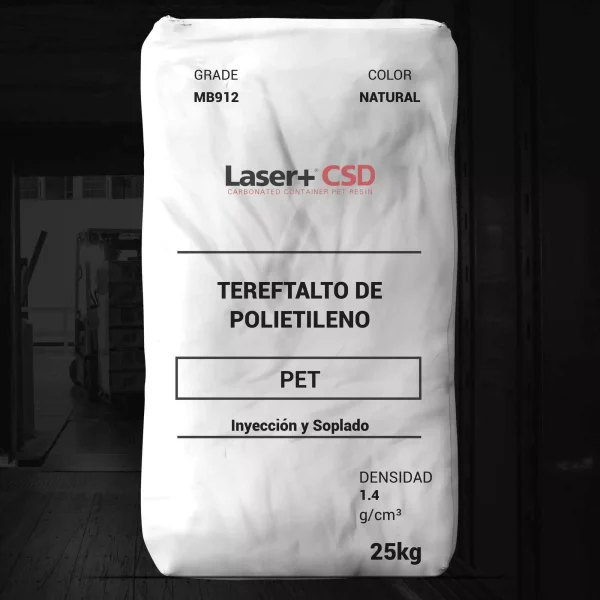 Nombre del producto: Laser+® CSD (MB912) Categoría: Tereftalato de Polietileno (PET) Material: Resina de polietileno tereftalato Color: Natural Densidad: 1.4 g/cm³ Peso: 25 kg Método de procesamiento: Inyección y Soplado Descripción del producto: La resina Laser+® CSD (MB912) es un copolímero diseñado para envases de PET, ideal para la fabricación de botellas para bebidas carbonatadas. Especificaciones: - Viscosidad intrínseca: 0.84 ± 0.02 - Acetaldehído: 2 ppm máximo - Contenido de humedad: 0.25% máximo - Finos: 0.05% máximo - Cristalinidad: >40% - Punto de fusión: 245 °C Características: - Proporciona óptimas propiedades mecánicas y de barrera. - Resistencia superior al estrés mecánico. - Alta capacidad de absorción de calor y control de proceso a altas velocidades. Certificación: Apto para la fabricación de empaques de bebidas y alimentos. Precaución: No utilizar en aplicaciones médicas donde se use como implante en el cuerpo humano. Usos: Mayormente utilizado en la producción de envases, botellas y otros productos de plástico a través de tecnologías de moldeo convencionales.