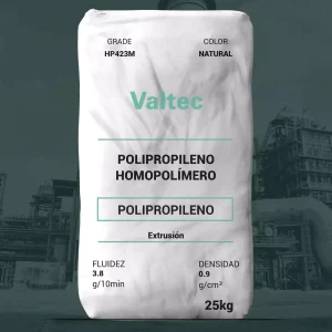 Nombre del producto: Valtec PP - HOPP - MFI3.8 - HP423M Marca: Valtec Categoría: Polipropileno **Características del producto:** - Material: Homopolímero de Polipropileno - Color: Natural - Tamaño: 25 kg - Fluidez (MFR): 3.8 g/10 min - Densidad: 0.9 g/cm³ **Aplicaciones típicas:** - Extrusión de rafia - Mecate fibrilado - Fleje - Hilos, cordeles y cuerdas - Artículos inyectados **Propiedades técnicas:** - Resistencia a la tensión en el punto de cedencia: 35 N/mm² (5,075 psi) - Resistencia al impacto Izod a 23°C: 31 J/m (0.6 ft-lb/in) - Alargamiento en el punto de cedencia: 10.2% - Módulo de flexión: 1,390 N/mm² (201,550 psi) - Temperatura de deflexión: 108°C (226°F) a 0.46 N/mm² (66 psi) **Normativa:** Cumple con el código 21 CFR 177.1520, siendo apropiado para contacto con alimentos. **Otros:** - Fabricado en México. - Marca registrada de basell Polyolefins Incorporated. Esta información permite comprender mejor las características y aplicaciones del producto para su venta.