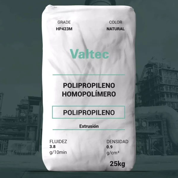 Nombre del producto: Valtec PP - HOPP - MFI3.8 - HP423M Marca: Valtec Categoría: Polipropileno **Características del producto:** - Material: Homopolímero de Polipropileno - Color: Natural - Tamaño: 25 kg - Fluidez (MFR): 3.8 g/10 min - Densidad: 0.9 g/cm³ **Aplicaciones típicas:** - Extrusión de rafia - Mecate fibrilado - Fleje - Hilos, cordeles y cuerdas - Artículos inyectados **Propiedades técnicas:** - Resistencia a la tensión en el punto de cedencia: 35 N/mm² (5,075 psi) - Resistencia al impacto Izod a 23°C: 31 J/m (0.6 ft-lb/in) - Alargamiento en el punto de cedencia: 10.2% - Módulo de flexión: 1,390 N/mm² (201,550 psi) - Temperatura de deflexión: 108°C (226°F) a 0.46 N/mm² (66 psi) **Normativa:** Cumple con el código 21 CFR 177.1520, siendo apropiado para contacto con alimentos. **Otros:** - Fabricado en México. - Marca registrada de basell Polyolefins Incorporated. Esta información permite comprender mejor las características y aplicaciones del producto para su venta.