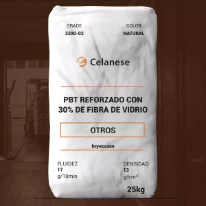 Nombre del producto: OTR - MFI17 - CELANESE - CELANEX 3300-2 Categoría: Otros Marca: Celanese Características del producto: - Material: PBT reforzado con 30% de fibra de vidrio - Color: Natural - Fluidez: 17 g/10min - Densidad: 1.530 kg/m³ - Tamaño del envase: 25 kg - Uso: Inyección Diferenciadores técnicos: - Producto de alto rendimiento con refuerzo de fibra de vidrio - Excelente resistencia mecánica, eléctrica y térmica - Proceso de inyección optimizado para diferentes geometrías de artículos Instrucciones adicionales: - Almacenamiento y procesamiento requieren control de humedad para evitar degradación.