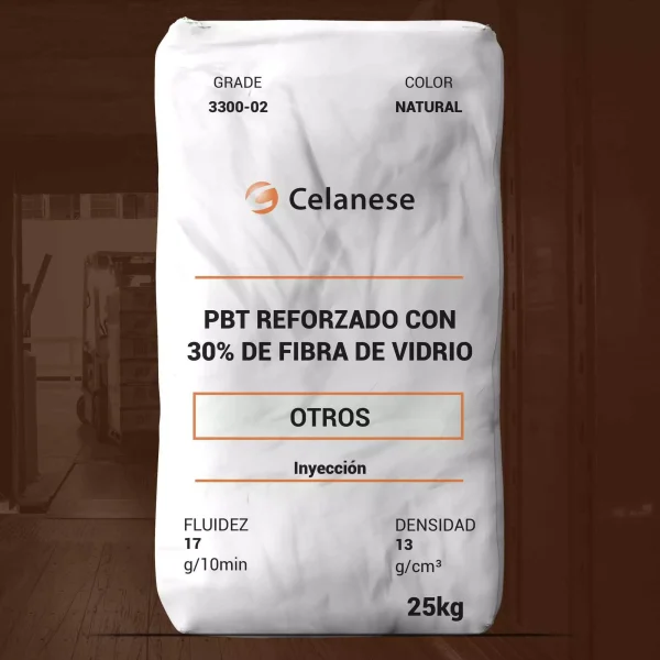 Nombre del producto: OTR - MFI17 - CELANESE - CELANEX 3300-2 Categoría: Otros Marca: Celanese Características del producto: - Material: PBT reforzado con 30% de fibra de vidrio - Color: Natural - Fluidez: 17 g/10min - Densidad: 1.530 kg/m³ - Tamaño del envase: 25 kg - Uso: Inyección Diferenciadores técnicos: - Producto de alto rendimiento con refuerzo de fibra de vidrio - Excelente resistencia mecánica, eléctrica y térmica - Proceso de inyección optimizado para diferentes geometrías de artículos Instrucciones adicionales: - Almacenamiento y procesamiento requieren control de humedad para evitar degradación.