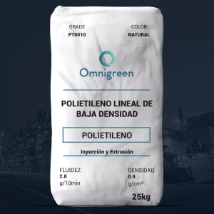 Nombre del producto: Polietileno Lineal de Baja Densidad (LLDPE) Marca: Omnigreen Categoría: Polietileno Color: Natural Presentación: Saco de 25 kg Fluidez: 2.8 g/10min Densidad: 0.9 g/cm³ Aplicaciones: Inyección y Extrusión Características: - Material: Polietileno - Tipo: Pellet - Uso: General en la producción de filmes plásticos, tuberías y artículos diversos. - Ventajas: Tecnología europea avanzada, consistencia en la calidad, materia prima reciclada. Diferenciadores técnicos: - Grado: PT0010 - Fluidez y densidad medidos para aplicaciones técnicas en la industria.