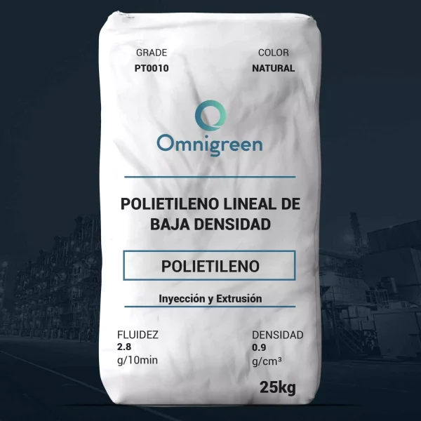Nombre del producto: Polietileno Lineal de Baja Densidad (LLDPE) Marca: Omnigreen Categoría: Polietileno Color: Natural Presentación: Saco de 25 kg Fluidez: 2.8 g/10min Densidad: 0.9 g/cm³ Aplicaciones: Inyección y Extrusión Características: - Material: Polietileno - Tipo: Pellet - Uso: General en la producción de filmes plásticos, tuberías y artículos diversos. - Ventajas: Tecnología europea avanzada, consistencia en la calidad, materia prima reciclada. Diferenciadores técnicos: - Grado: PT0010 - Fluidez y densidad medidos para aplicaciones técnicas en la industria.
