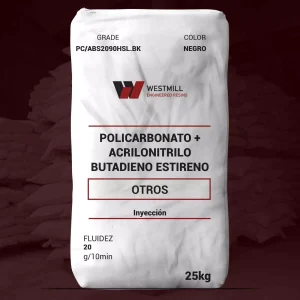 Nombre del producto: OTR - MFI20 - WESTMILL - PC/ABS2090HSL.BK Categoría: Otros Atributos del producto: - Material: Policarbonato + Acrilonitrilo Butadieno Estireno - Color: Negro - Tamaño: 25 kg - Fluidez: 20 g/10 min - Tipo: Inyección Detalles técnicos: - Marca: WESTMILL - Grado: PC/ABS2090HSL.BK Funcionalidad: - Este producto está diseñado para ser utilizado en procesos de inyección, lo que sugiere aplicaciones en la fabricación de componentes plásticos. Diferenciadores: - Composición de polimeros que mejora las propiedades mecánicas y térmicas del producto.