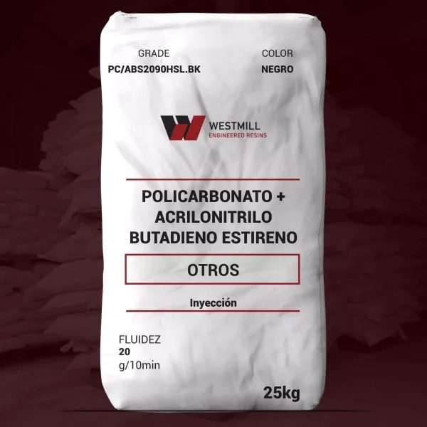 Nombre del producto: OTR - MFI20 - WESTMILL - PC/ABS2090HSL.BK Categoría: Otros Atributos del producto: - Material: Policarbonato + Acrilonitrilo Butadieno Estireno - Color: Negro - Tamaño: 25 kg - Fluidez: 20 g/10 min - Tipo: Inyección Detalles técnicos: - Marca: WESTMILL - Grado: PC/ABS2090HSL.BK Funcionalidad: - Este producto está diseñado para ser utilizado en procesos de inyección, lo que sugiere aplicaciones en la fabricación de componentes plásticos. Diferenciadores: - Composición de polimeros que mejora las propiedades mecánicas y térmicas del producto.