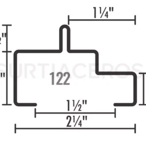 Nombre del producto: TUBULAR 122 CAL.18 Categoría: Perfil Características del producto: - Material: No especificado (se presupone metálico según la categoría) - Color: No especificado (probablemente metálico o gris) - Tamaño: - Ancho: 1¼" - Alto: 2" - Profundidad: 2¼" - Diámetro: 1½" - Forma: Tubular con forma personalizada. - Componentes visibles: Perfil tubular con secciones rectangulares y un diseño en "T". Diferenciadores o elementos técnicos: - Referencia 122 que puede indicar un tamaño o especificación técnica del perfil. - Sección transversal distintiva para aplicaciones específicas en construcción o soporte estructural. Uso y funcionalidad: - Utilizado típicamente en aplicaciones estructurales, de soporte o para estructuras de metal. Texto visible: - "122" en la sección del perfil. - Nombre de la empresa "CURTIACEROS" en el fondo. Marca: CURTIACEROS.