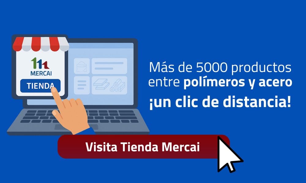 Banner sobre fondo azul con logotipo de Mercai, texto ‘¿Buscas acero o resinas plásticas?’, un portátil mostrando productos de polietileno y un botón rojo ‘Entra a Tienda Mercai’ con un cursor.